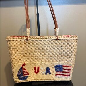 Quacker Factory USA Straw Tote Bag NWT Patriotic Sequin Flag Sailboat